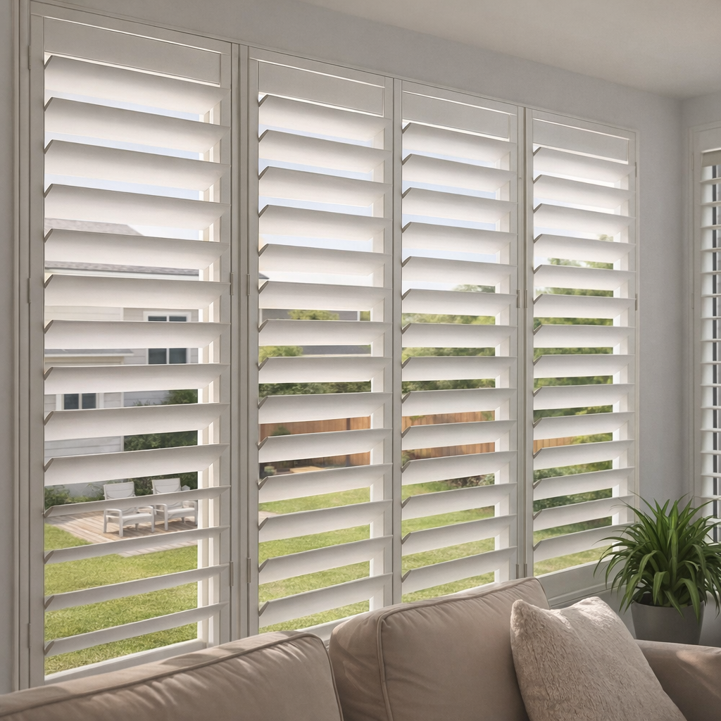 Interior of a living room with large white plantation shutters on the windows, a beige sofa with a cushion, and a potted plant near the window. Outside, a backyard with a green lawn, a wooden deck with two chairs, and a fenced yard are visible.