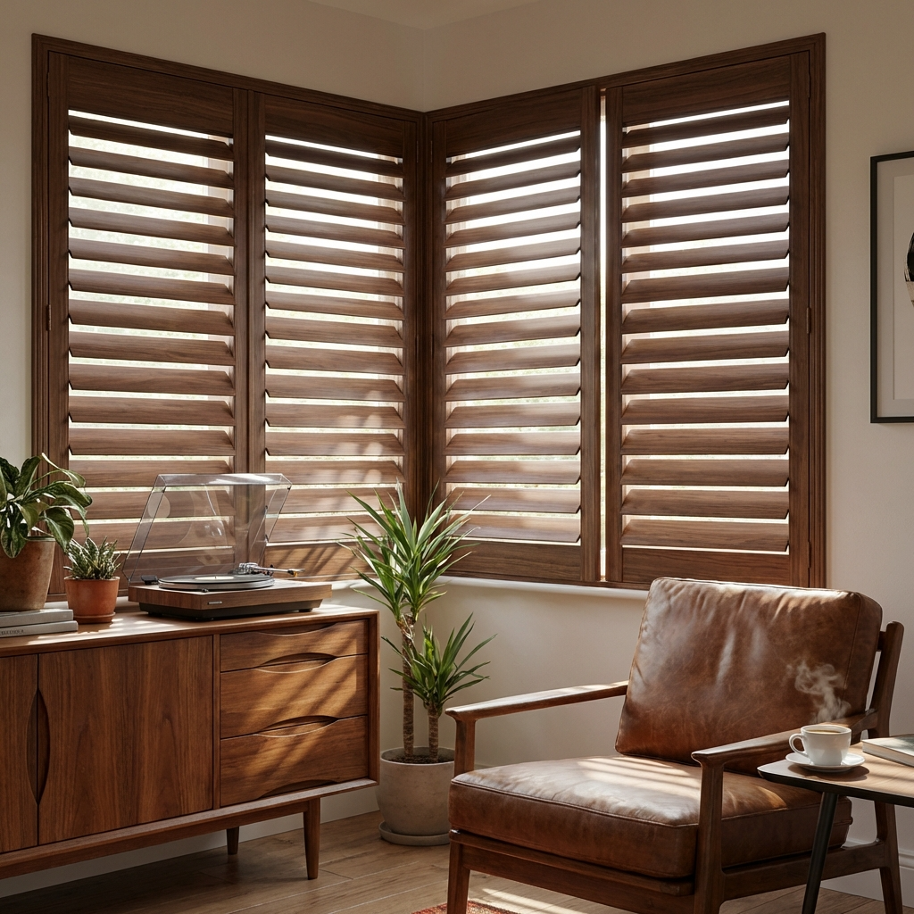 A cozy corner of a room with a wooden sideboard, potted plants, a leather armchair, a small side table with a cup of coffee, and wooden plantation shutters on the window letting in natural light.