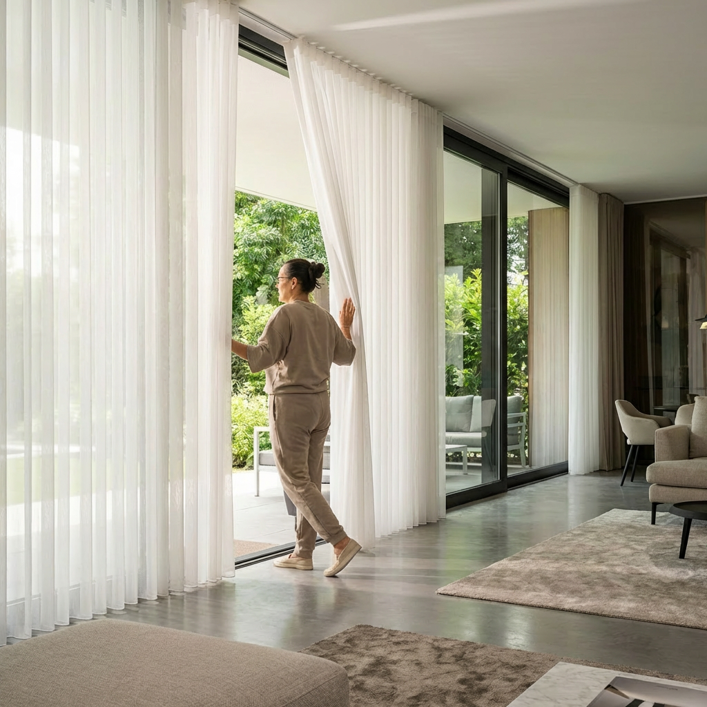 Woman opening white vertical sheer blinds on large sliding glass doors leading to patio