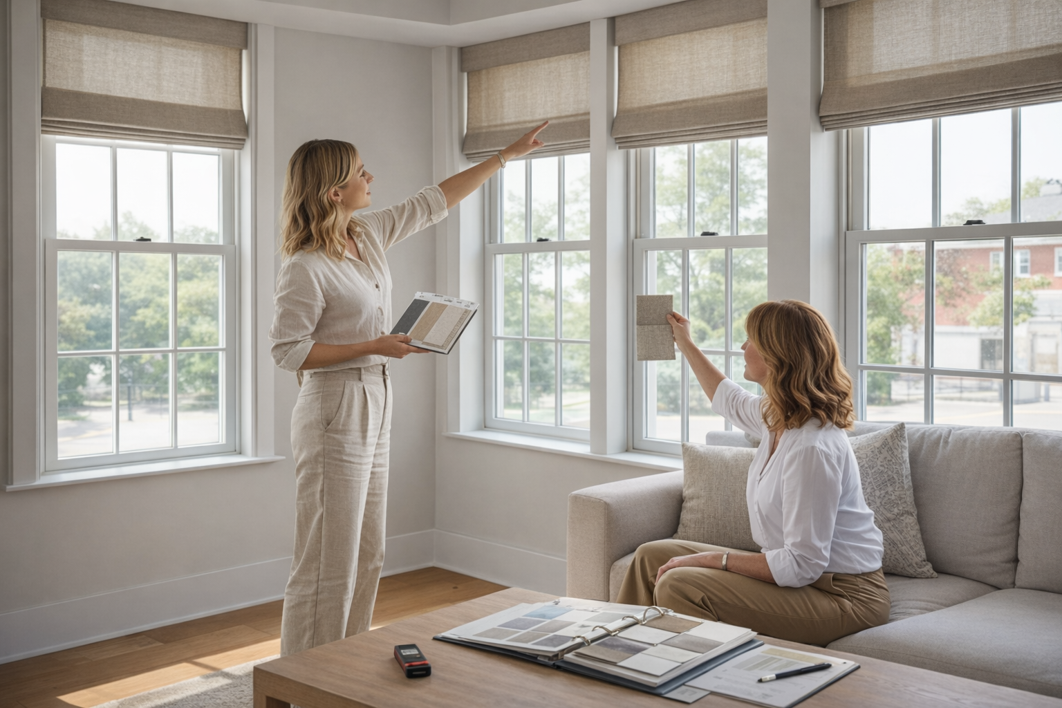 Custom blinds consultation in a Calgary home showing fabric samples and window shading options