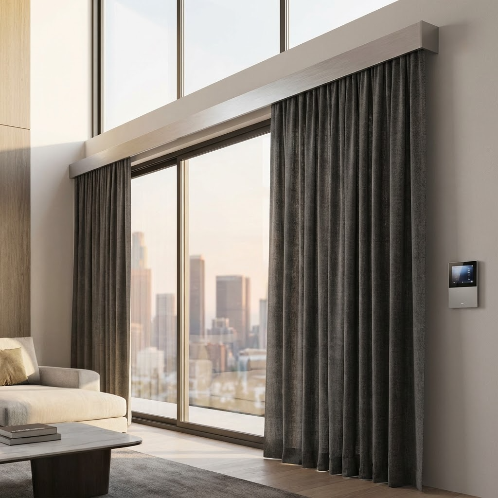 Modern living room with sliding glass doors featuring motorized dark gray drapery and city view