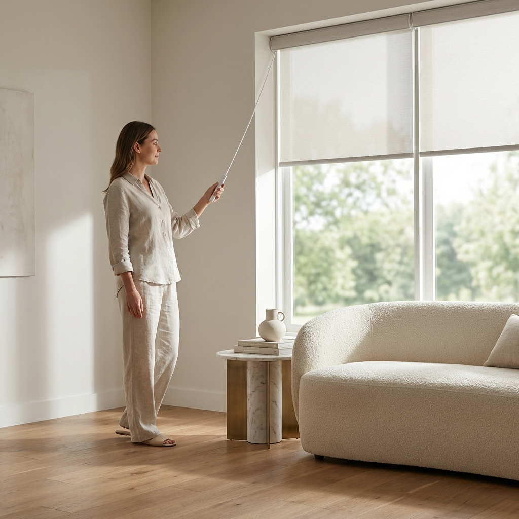 Woman using wand control to operate motorized blinds in modern living room