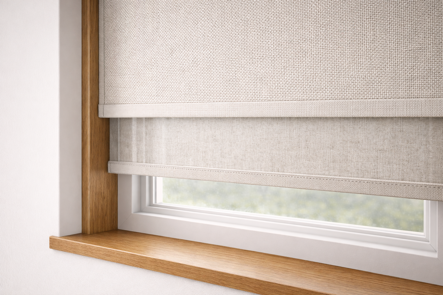 Dual roller shades with light-filtering and blackout beige fabric on modern window