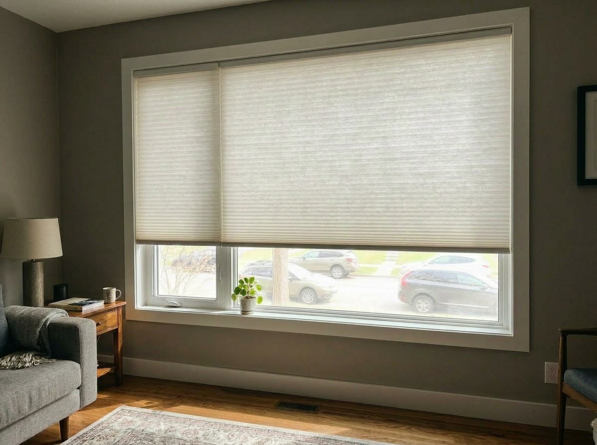 Clean light-filtering cellular shades installed in living room