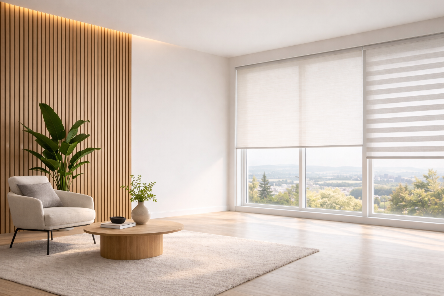 Modern living room with large windows featuring light-filtering shades