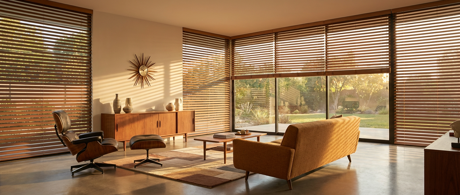 Living room with large glass door featuring wooden horizontal Venetian blinds