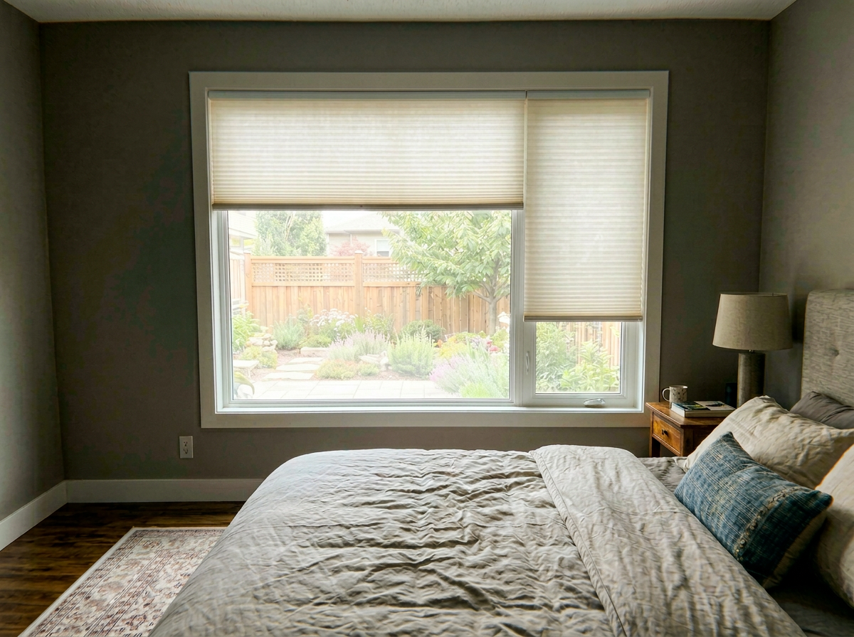 Clean light-filtering cellular shades installed in bedroom