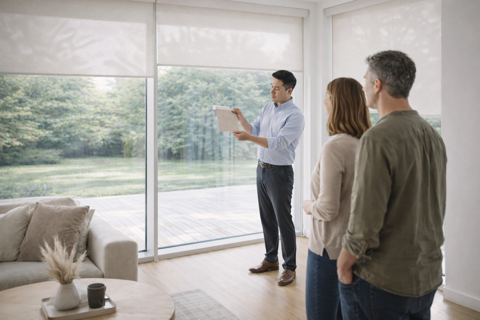 A real estate agent giving a house tour to a couple inside a modern, well-lit home with large glass sliding doors and a view of a backyard.