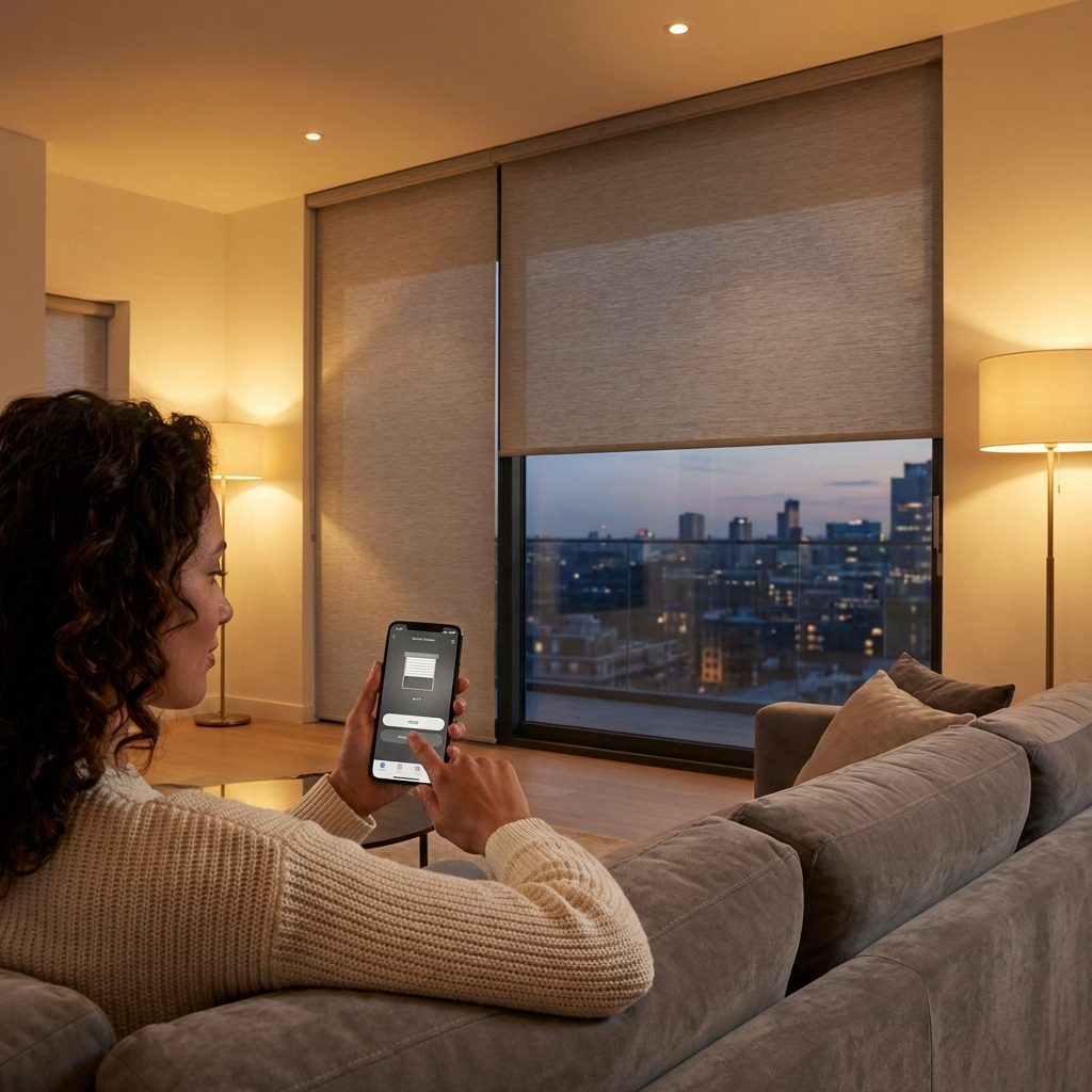 Woman using smartphone app to control motorized blinds in modern living room