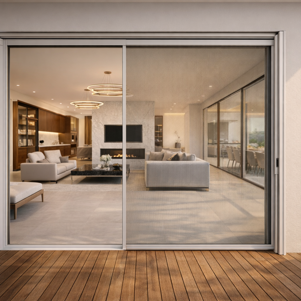 Door leading to living room with horizontal retractable screen