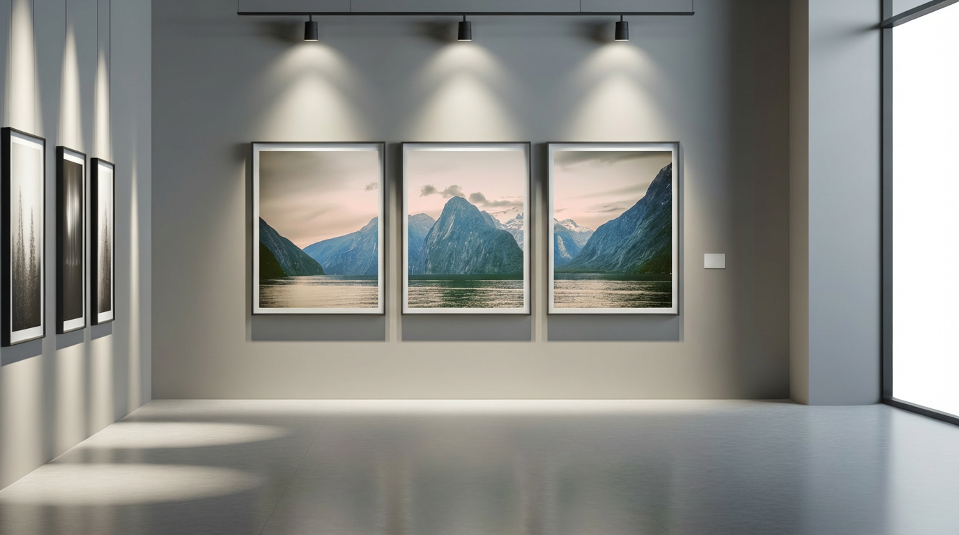 Gallery with three framed landscape photos of mountains and water on a grey wall, illuminated by ceiling spotlights, with additional black and white artwork on the left wall, and a large window on the right.