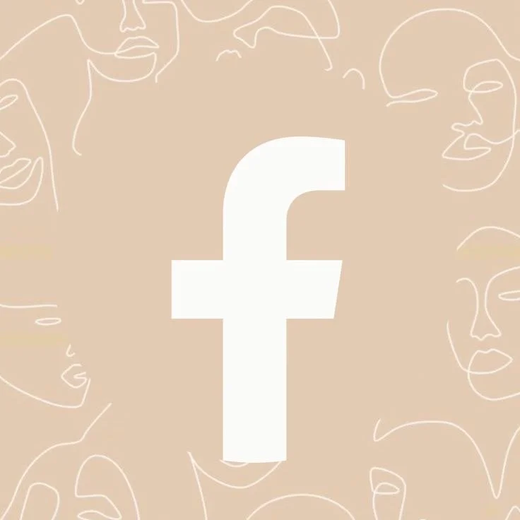 Facebook logo on a beige background with minimalist line drawings of women's faces surrounding it.