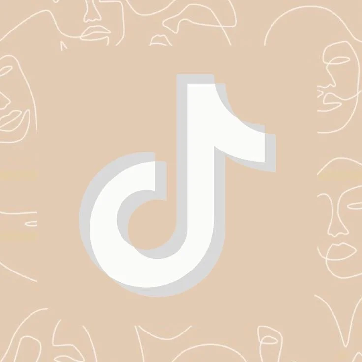 A large white TikTok logo on a beige background with faint, continuous line sketches of faces surrounding it.
