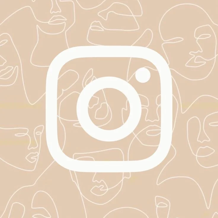 Instagram logo over a beige background with white line art outlines of different faces.