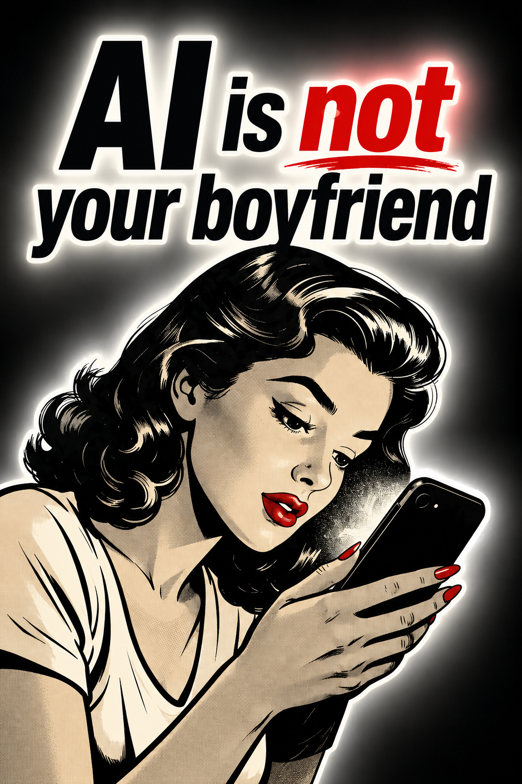 A little humor, a little skepticism, and a timely reminder wrapped into one comfortable tee. Featuring a retro pop-art design and the phrase “AI is not your boyfriend".