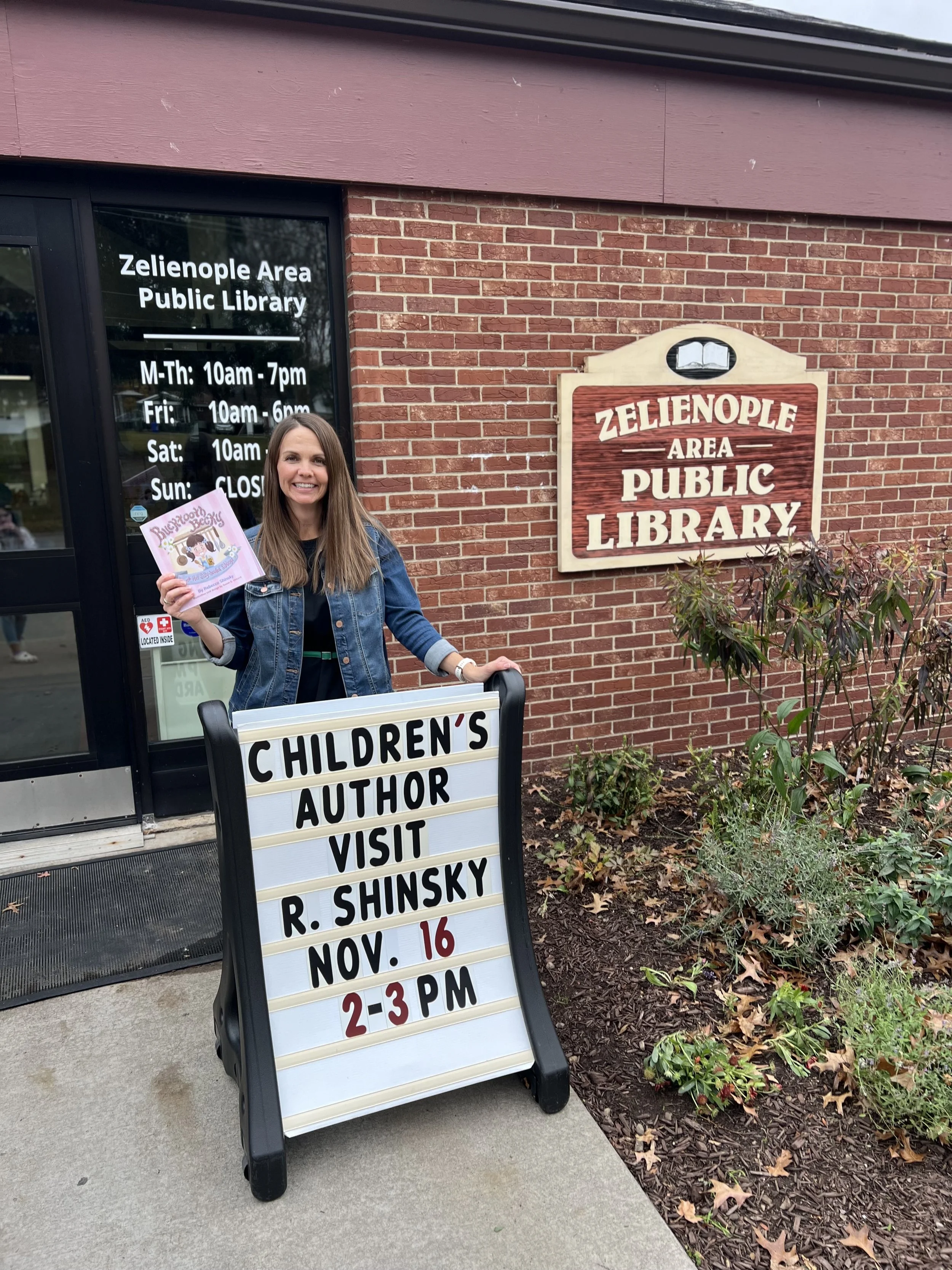 Rebecca at Zelienople Library preparing for an engaging assembly. She focuses on self-esteem, pride and self-worth. 