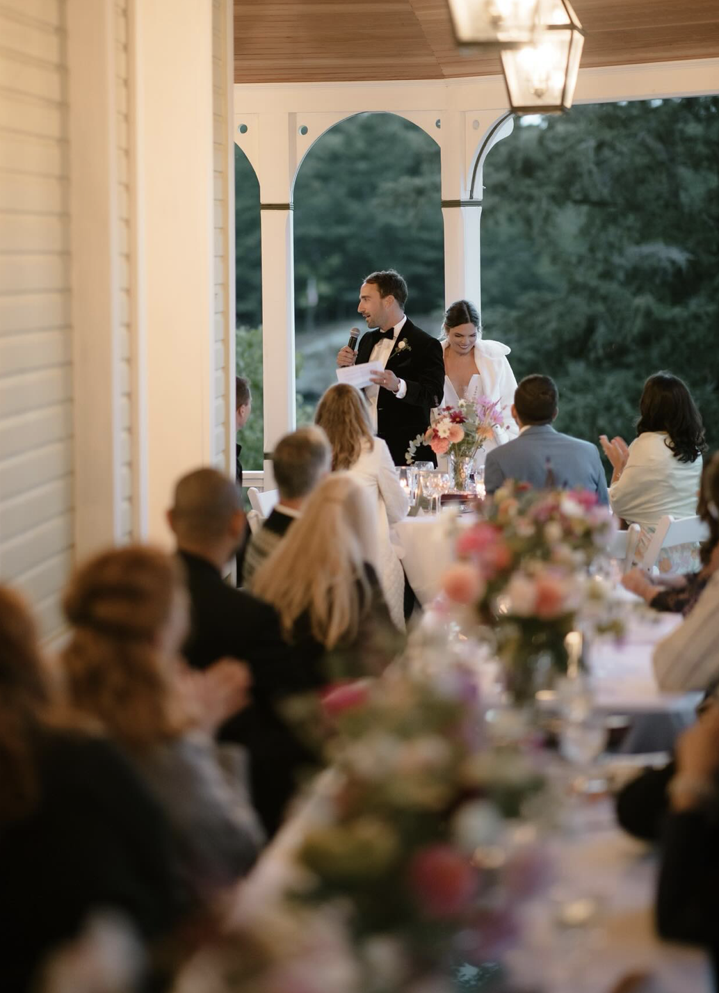 The bride and groom at dinner on Comfort Island