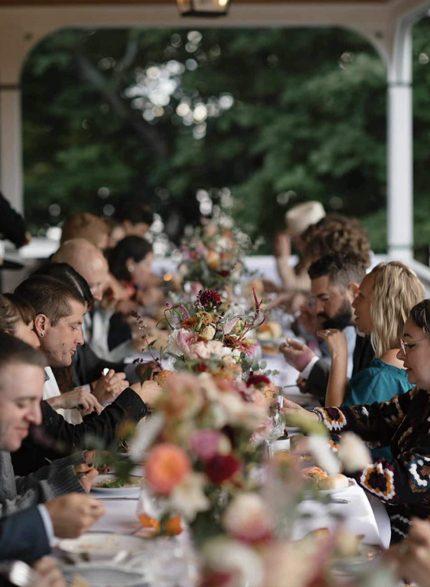 A wedding dinner on the porch at Comfort Island in the 1000 Islands