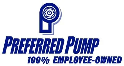 Logo of a preferred pump company with a gear symbol above and text 'PREFERRED PUMP 100% EMPLOYEE-OWNED' in blue.