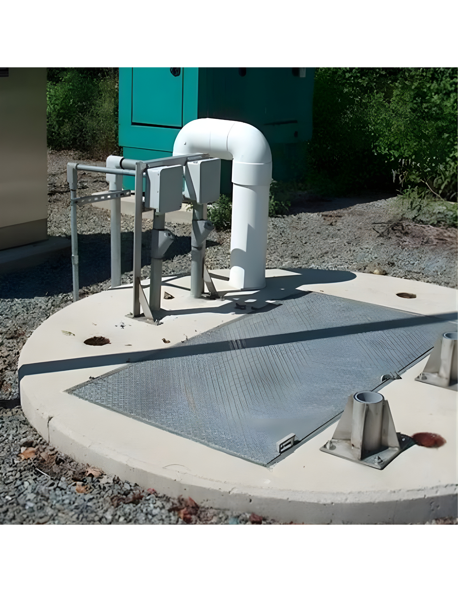A commercial lift station system with a white grate cover, white pipes, and gray mechanical components on a concrete platform, outdoors with gravel and greenery.