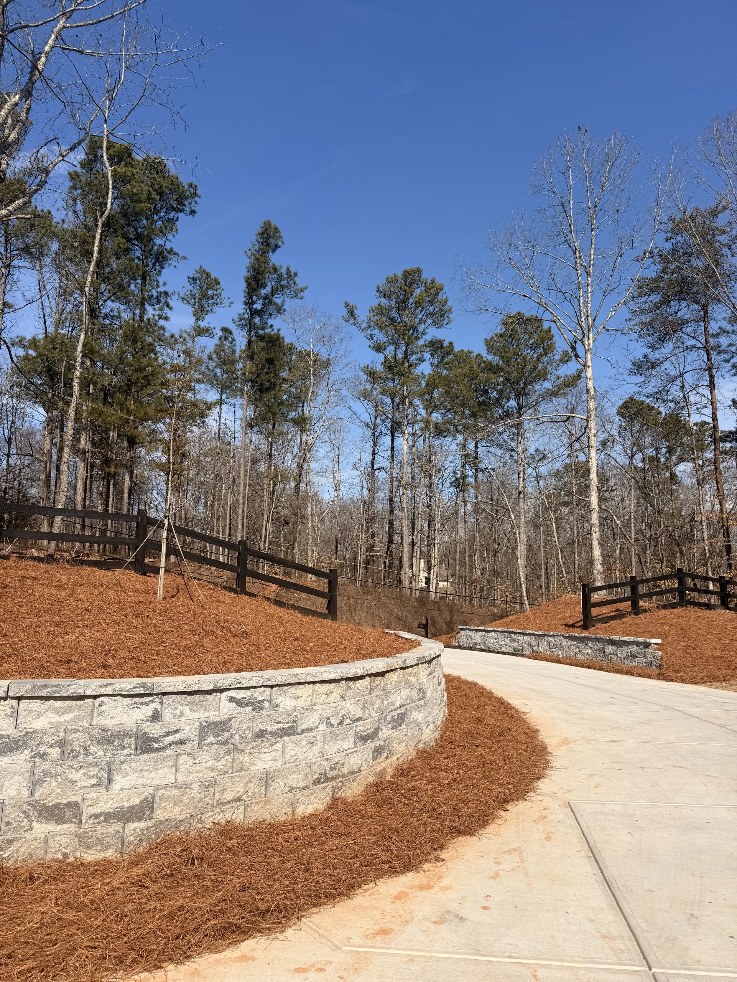A winding concrete pathway in a landscaped outdoor area with a stone retaining wall, pine trees, and a wooden fence under a clear blue sky.