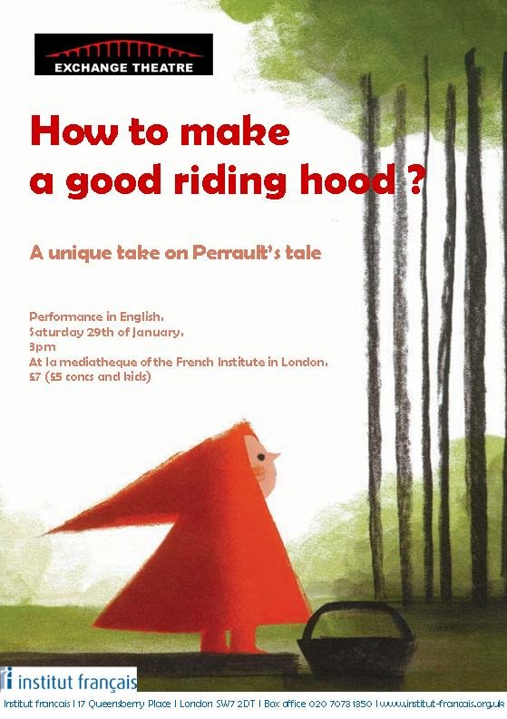 A poster for "How to make a good riding hood?" featuring an illustrated character in a red riding hood cape. The poster has a green and black watercolor background with artistic tree and forest illustrations.