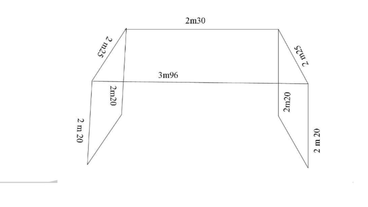 Technical drawing of a three-dimensional shape with dimensions labeled, including lengths 2m25, 2m20, 3m96, and 2m30.