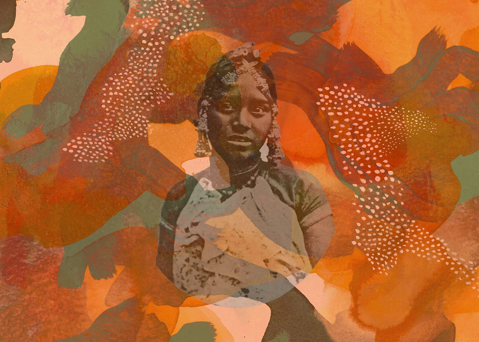A poster for ‘The Great Experiment’ featuring a young girl set against an abstract background of warm colors of orange, red, and green, with dotted patterns and textured brushstrokes.
