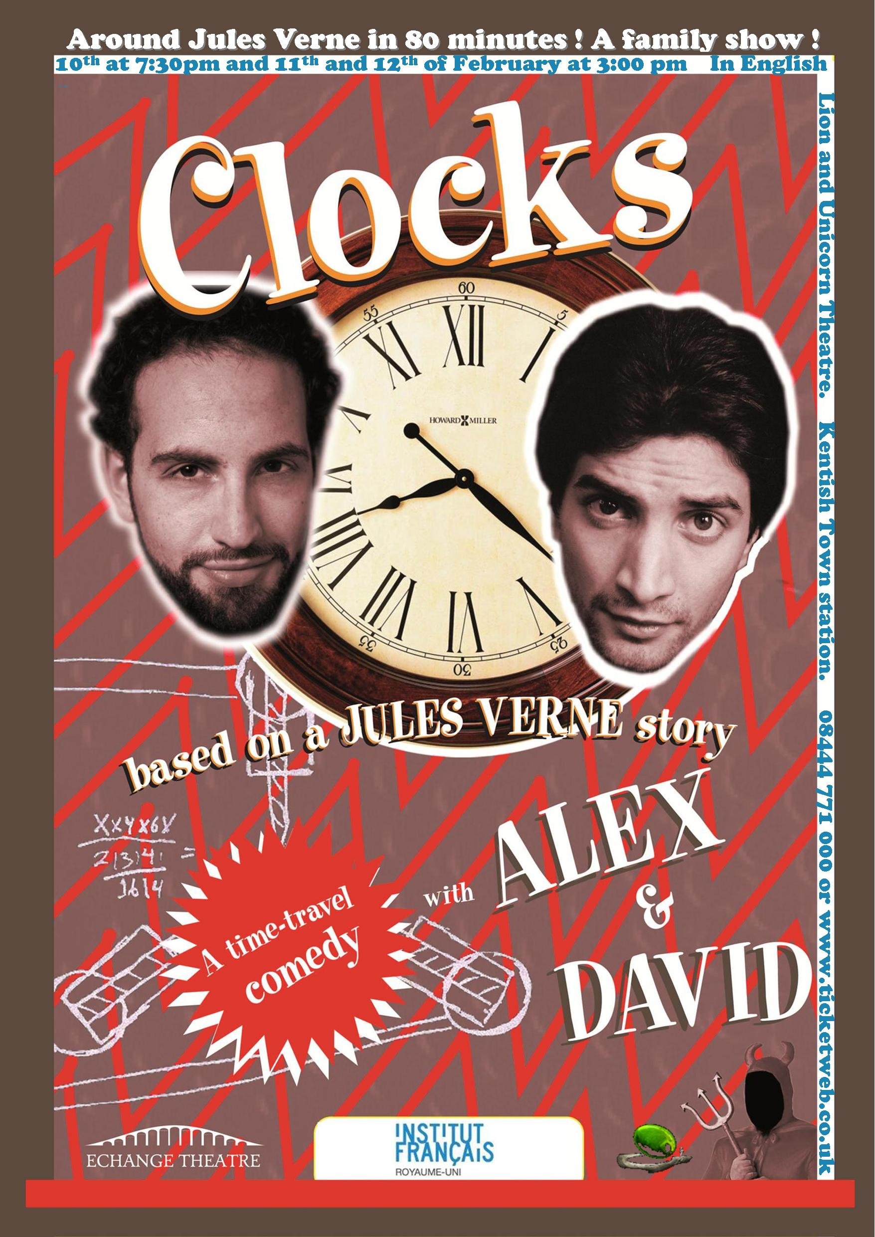 Poster for 'Clocks' featuring Alex and David with details in blue and white text, and a background of red zigzag lines with clock and math illustrations.