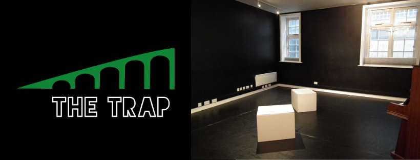 A split image showing a logo that says "THE TRAP" with a green arch and black background on the left, and an empty room with black walls, two windows, a white radiator, and white cube-shaped chairs on the right.