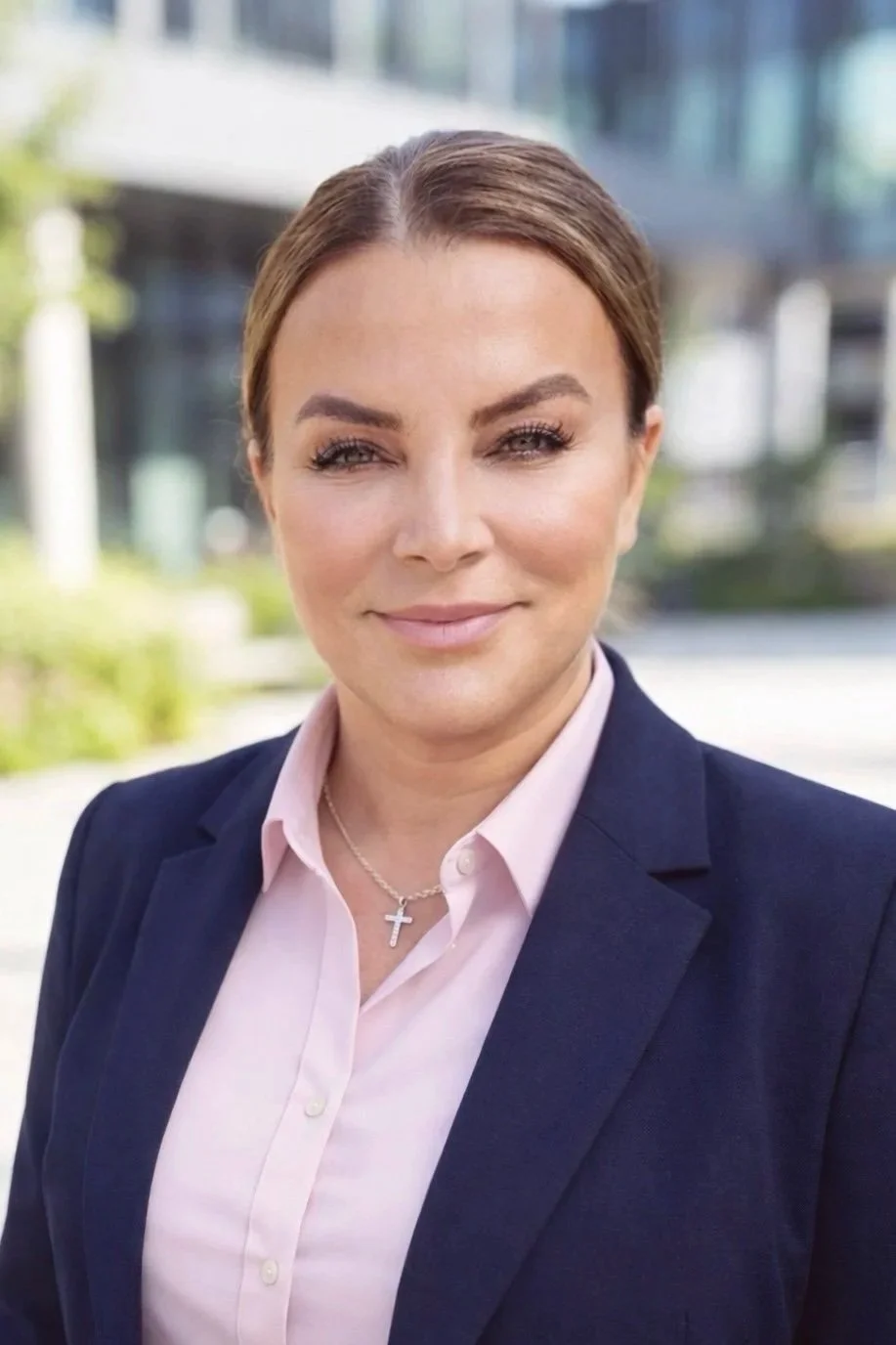 Professional woman with brown hair in a ponytail, dressed in a navy blazer and pink shirt, wearing a silver cross necklace, standing outdoors near modern office buildings.