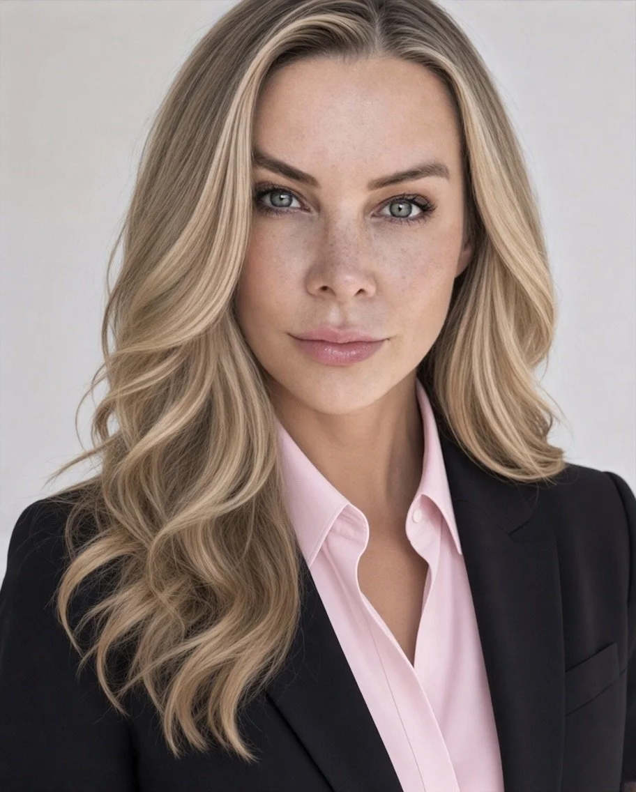 Professional blonde woman in a black blazer and pink collared shirt posing for a headshot