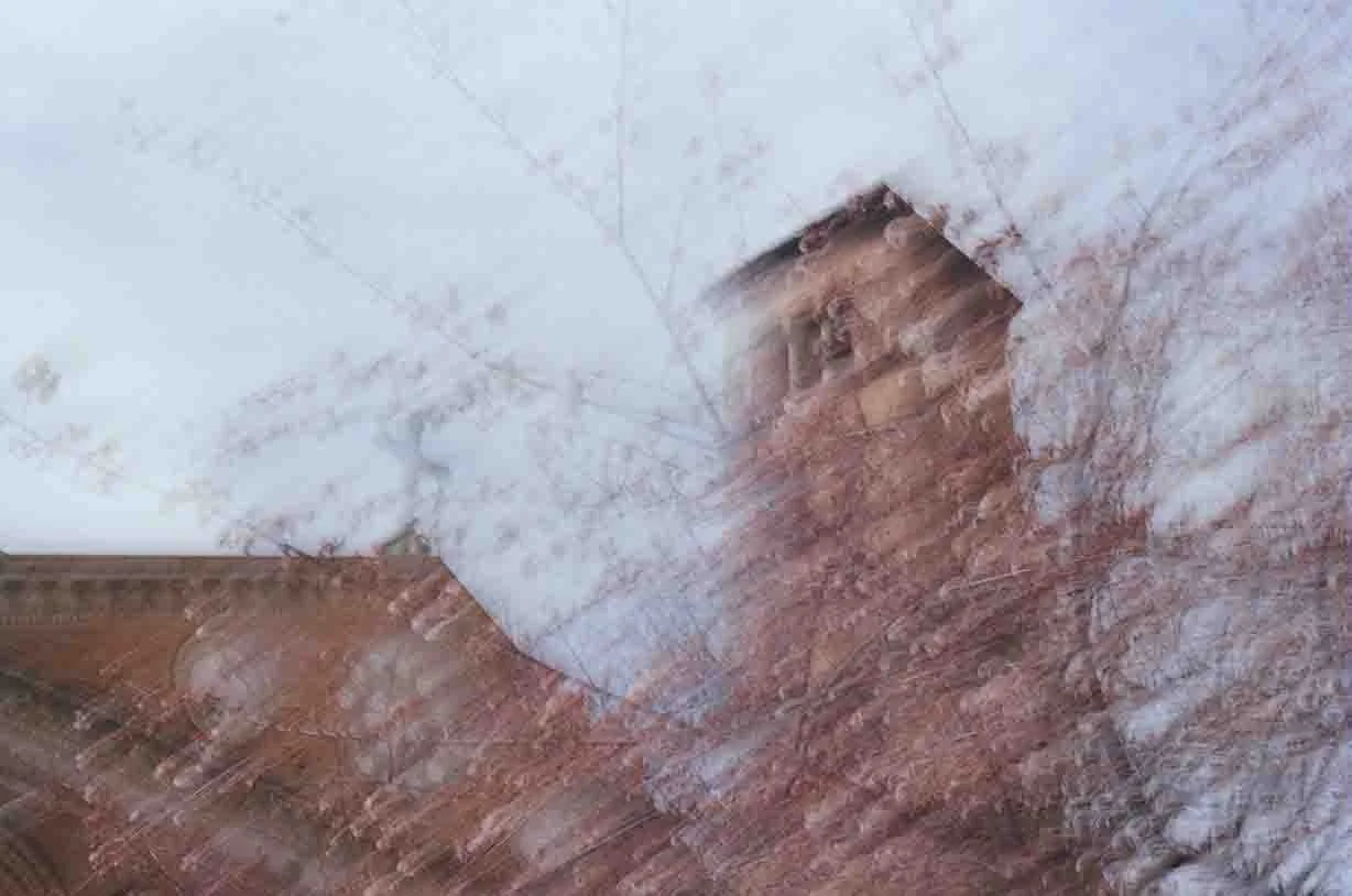 A reflection of a person's face in a glass window with trees and snow outside.