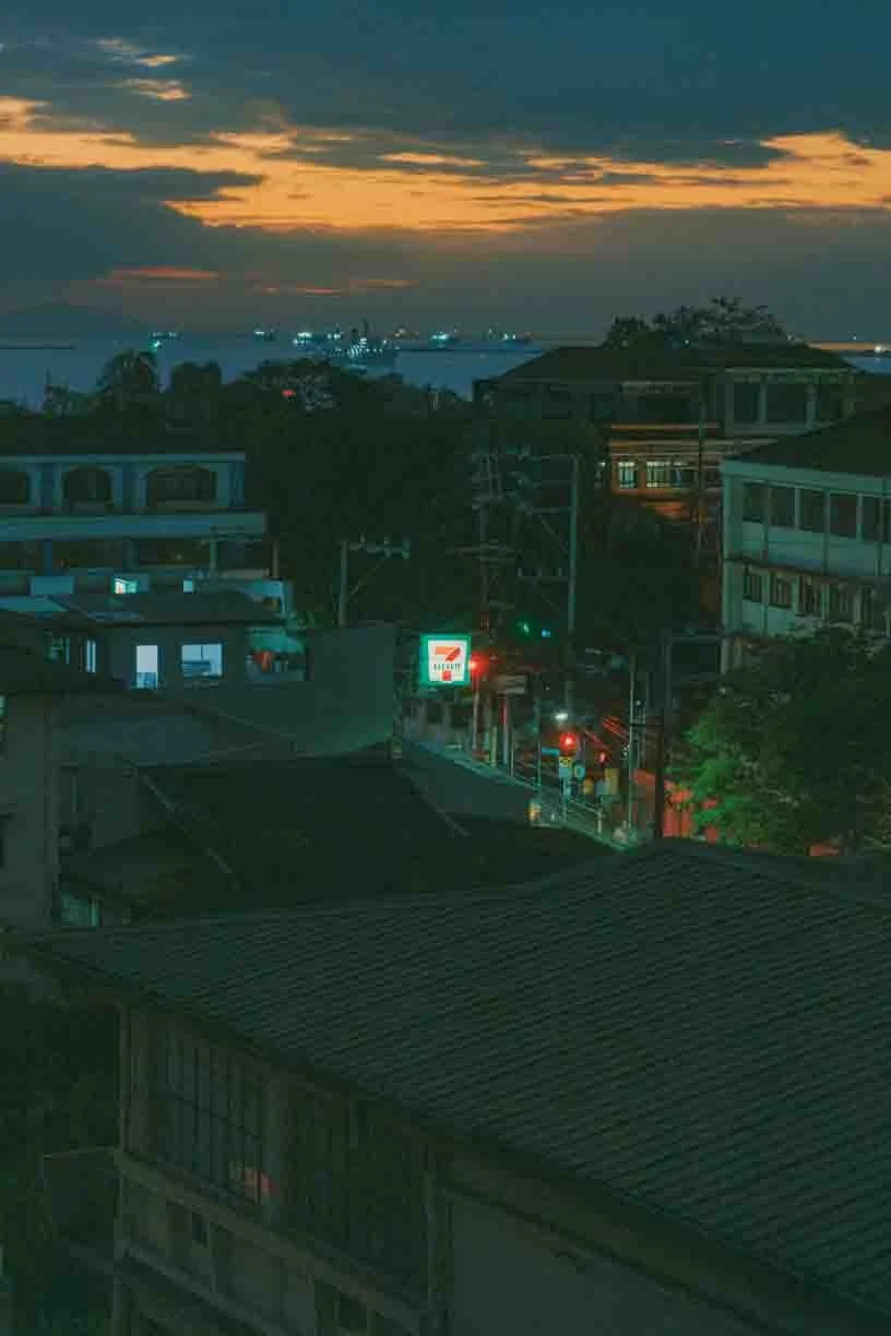 Nighttime cityscape with buildings, a 7-Eleven sign, and a body of water in the distance under a partially cloudy sky.