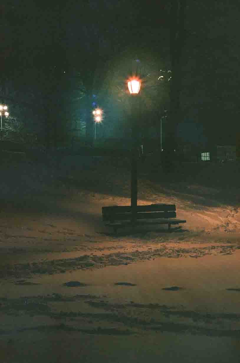 Nighttime park scene with a lit street lamp illuminating a bench and snow-covered ground.