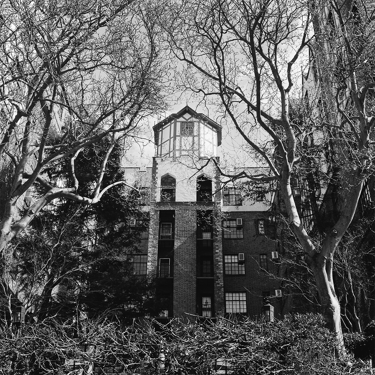 Black and white photo of an apartment building framed by trees with bare branches, and bushes in the foreground.