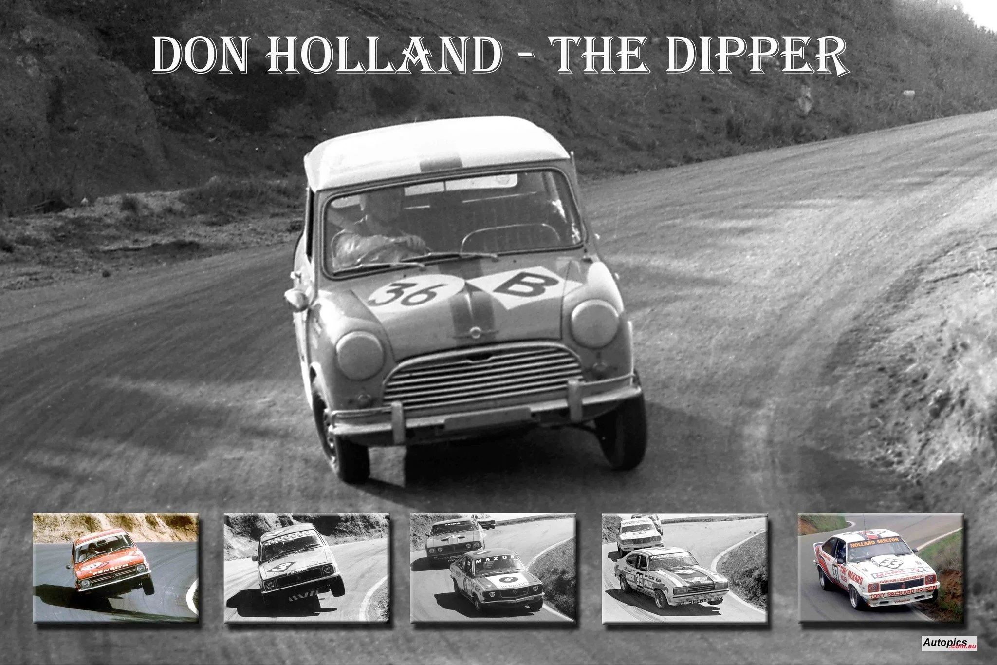 Black and white photograph of a vintage car racing on a winding mountain road, with the text "DON HOLLAND - THE DIPPER" at the top and five small color images of cars at the bottom.