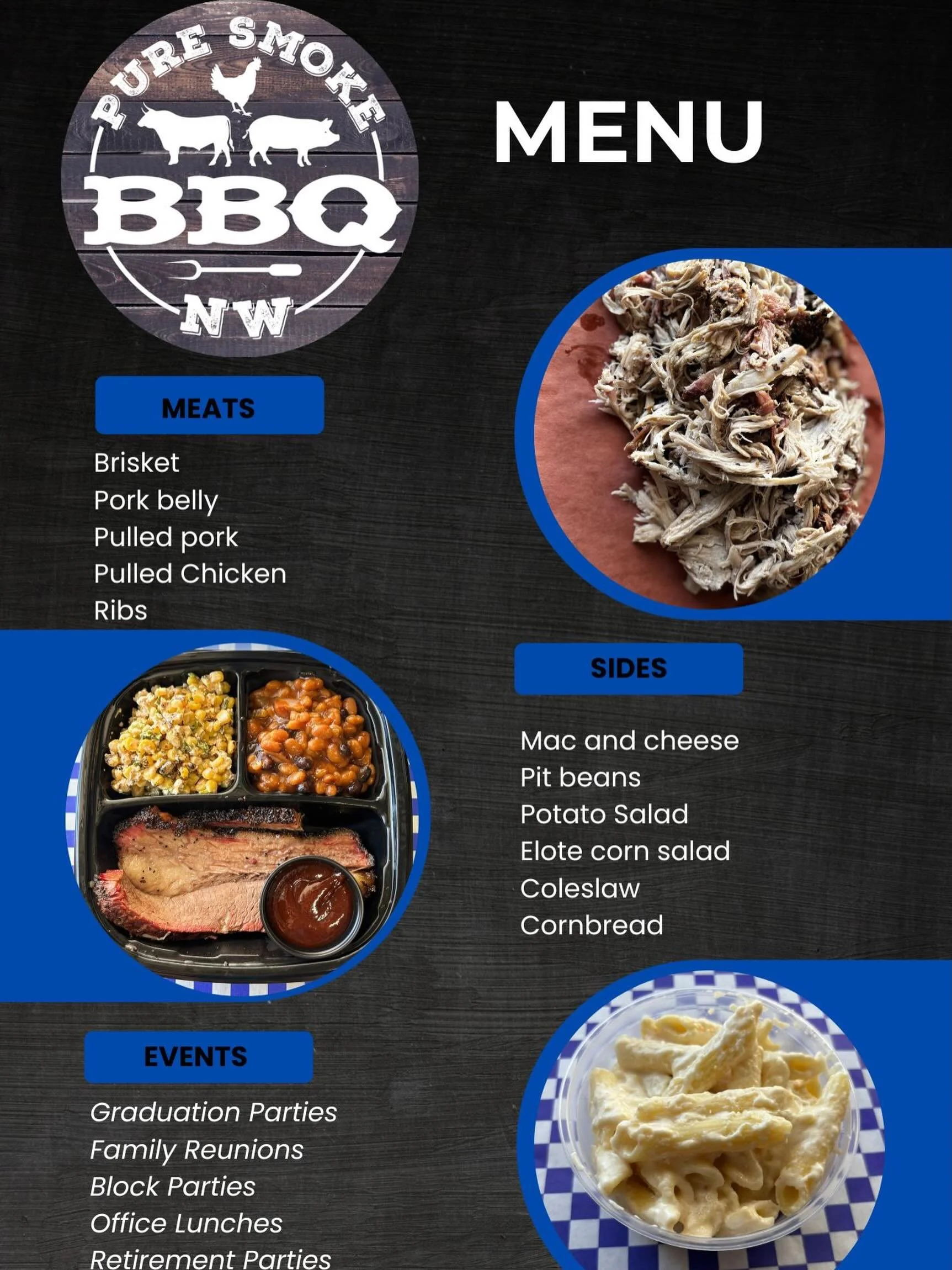 Planning a graduation party, family gathering, employee lunch, or summer celebration? Let Pure Smoke handle the food so you can actually enjoy the party.

Slow-smoked meats, crowd-favorite sides, and BBQ made to feed a crowd (without you being stuck 