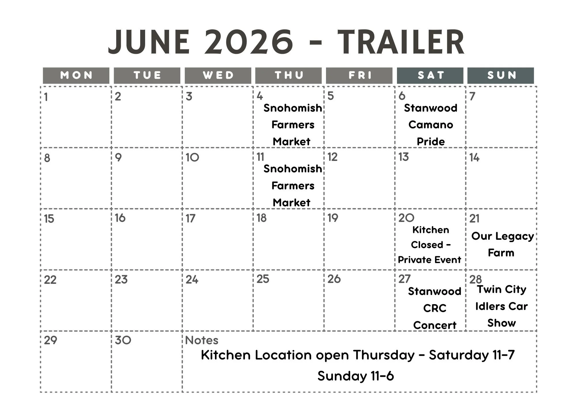 Not sure how it's already June 1st but here we are! The trailer will be on the move more this month, this is the schedule currently. The kitchen will also be closed on Saturday, June 20th as the team is heading to a private event. The kitchen will re
