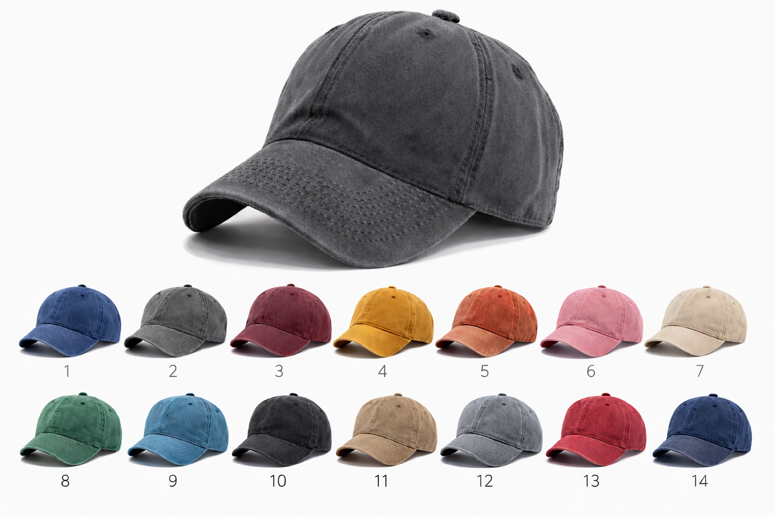 A collection of fourteen colored baseball caps arranged in two rows, with a large black cap in the background. The caps are numbered from 1 to 14, featuring various colors such as blue, gray, red, yellow, pink, beige, green, black, tan, and navy.