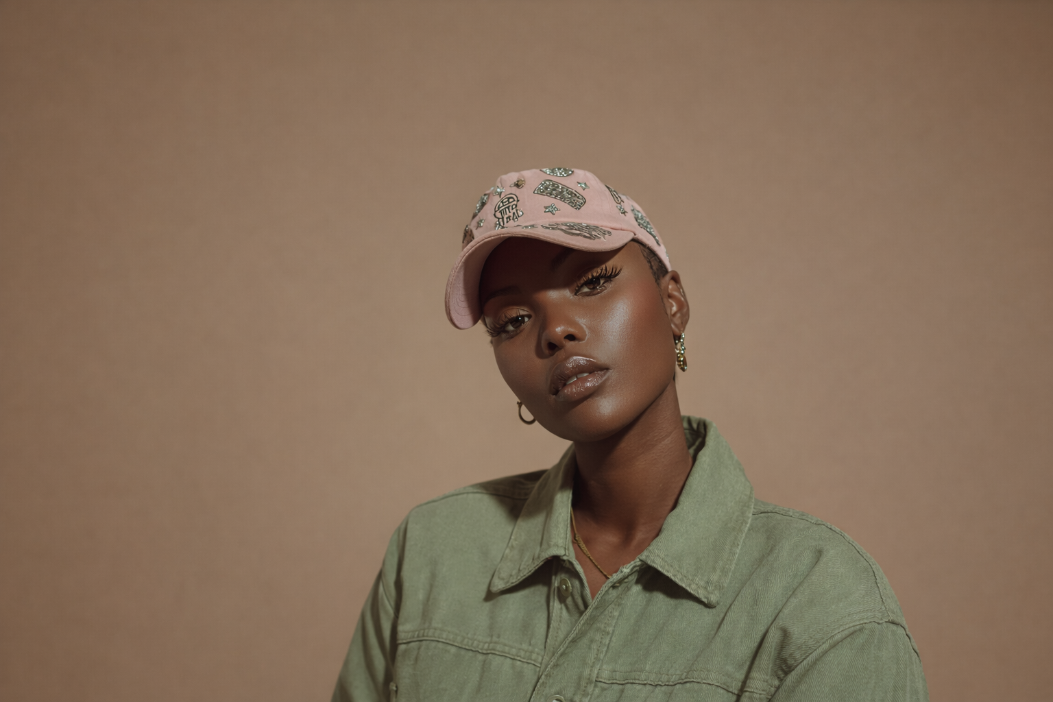 A young woman with dark skin, wearing a pink cap with various patches, a green jacket, gold hoop earrings, and makeup, looking directly at the camera against a plain beige background.