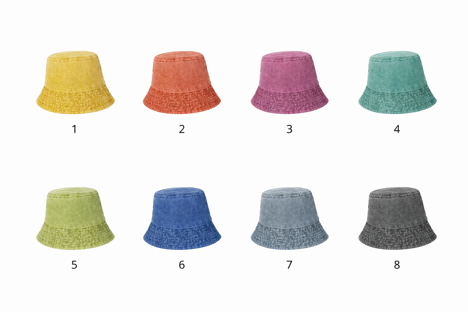 Eight colorful bucket hats arranged in two rows. The top row features yellow, orange, purple, and teal hats. The bottom row features light green, blue, gray, and black hats.