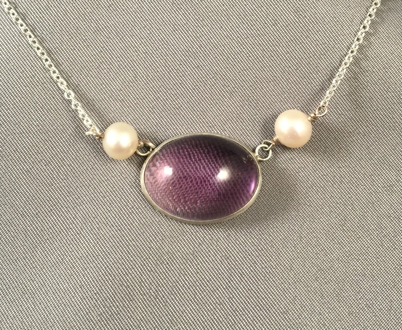 Amethyst and White Pearl Silver Bezel necklace