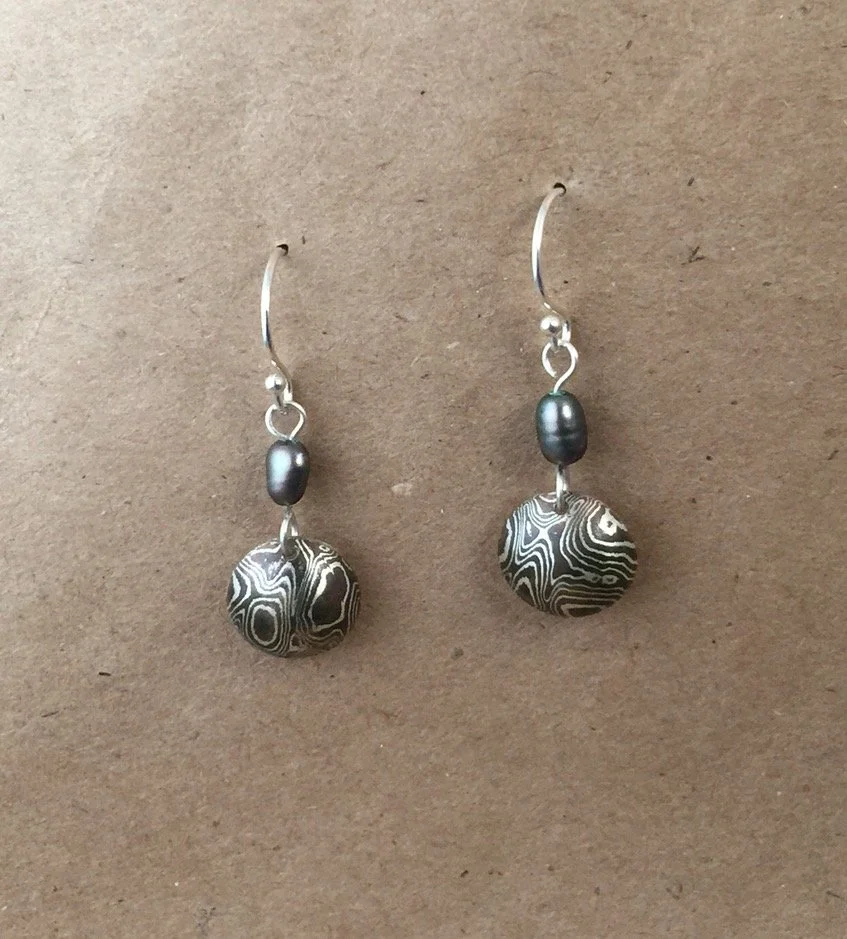 Black Pearl and Mokume Gane earrings
