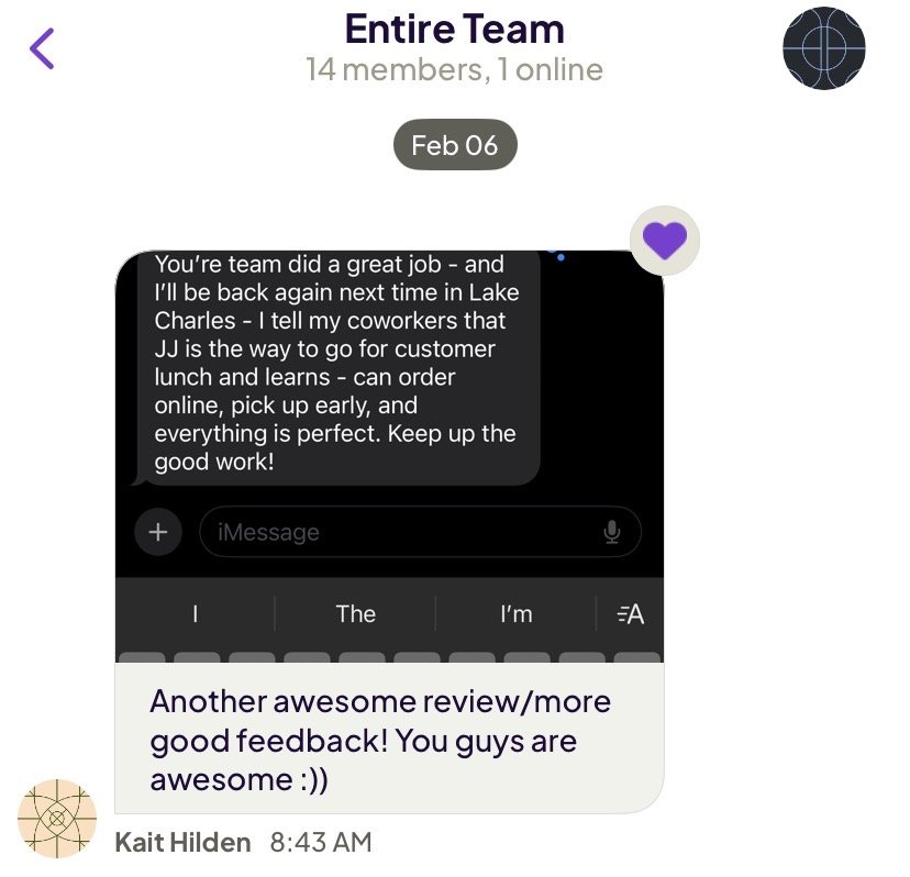 Screenshot of a team communication app showing a positive message about team performance, a review, and feedback from a team member named Kait Hilden.