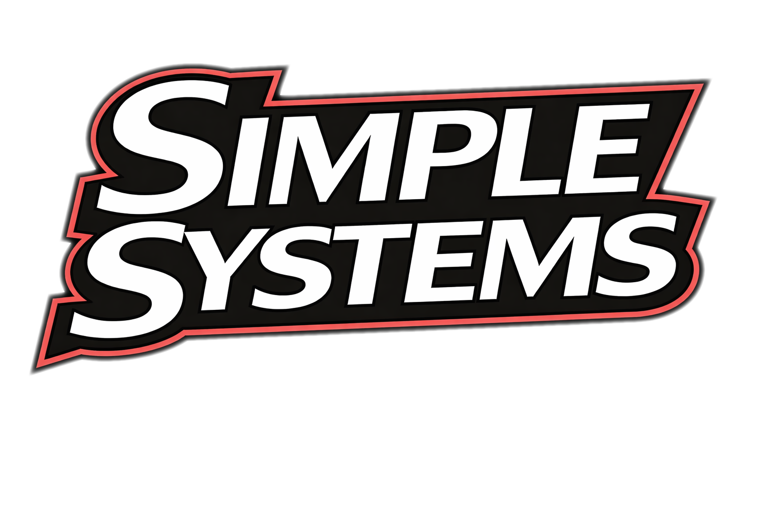 Logo with the words 'SIMPLE SYSTEMS' in white letters outlined in black and red, set against a black background.