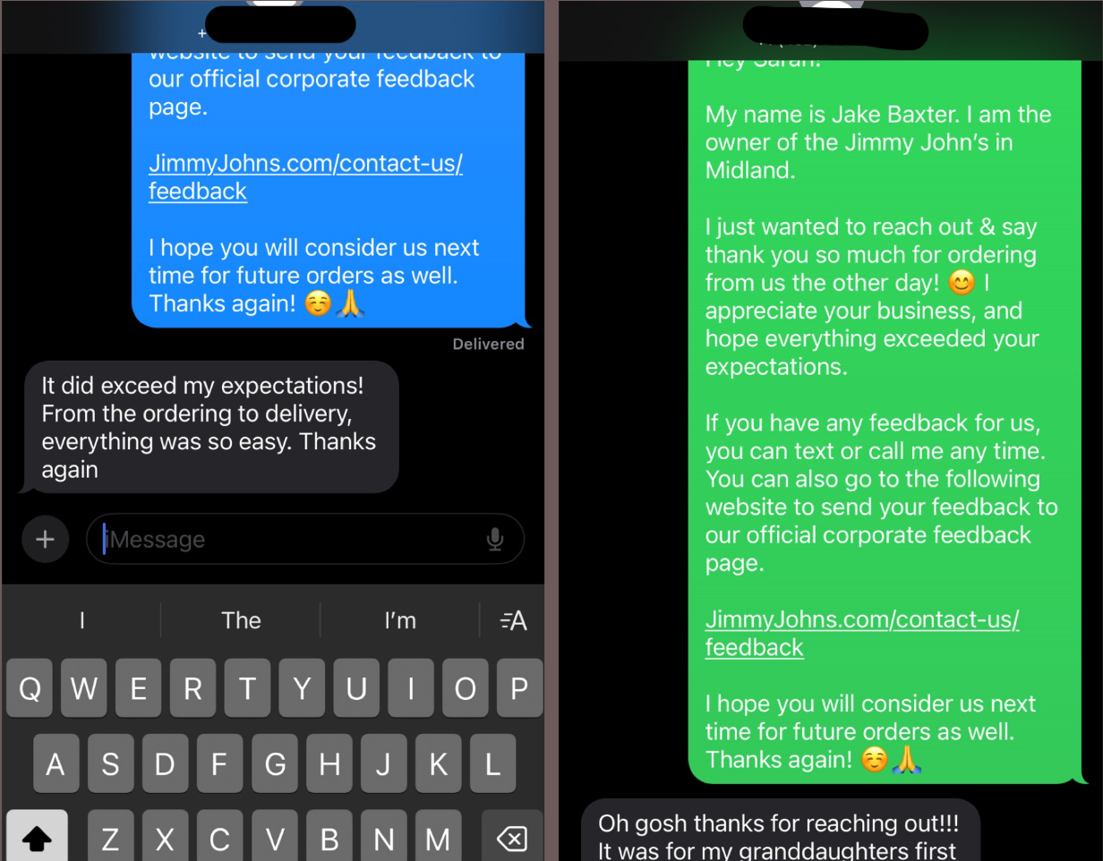 Text message conversations with feedback and thank you messages about Jimmy John's order and delivery, with a mix of blue, green, and black chat bubbles.