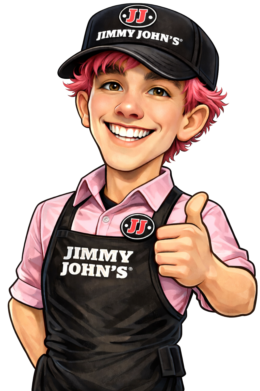 A smiling animated character with pink hair, wearing a black cap and apron with 'Jimmy John's' logo, giving a thumbs up.