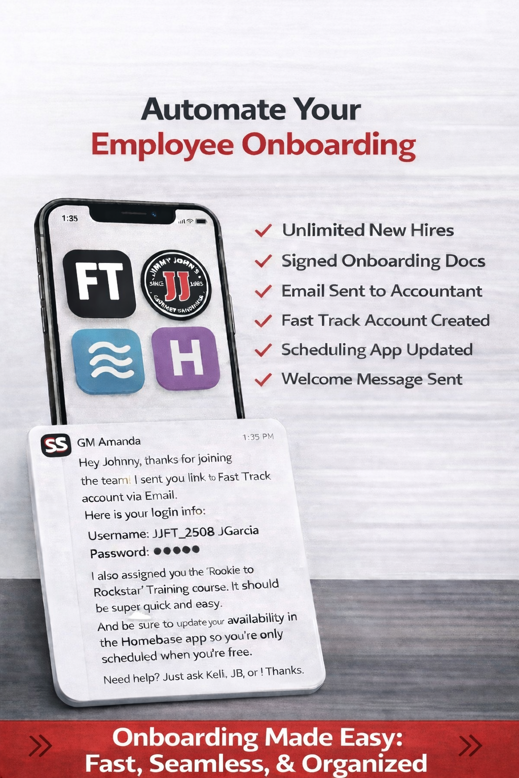 Poster highlighting features of an automated employee onboarding system, including a smartphone displaying a welcome message with login details and icons for different app functions.