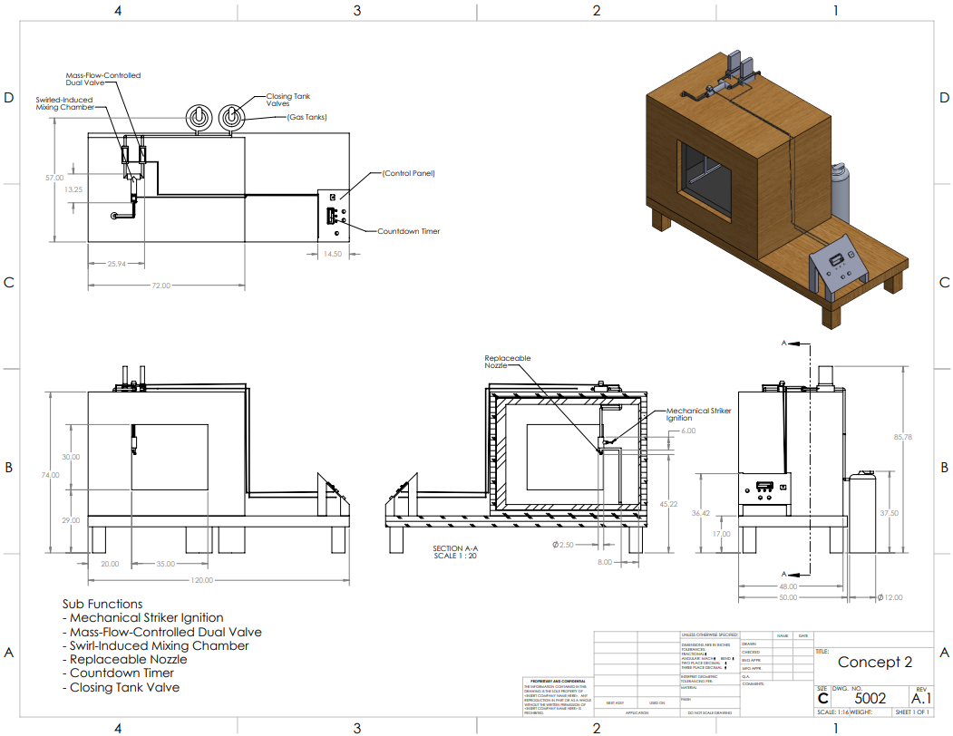 Concept Design of the Improved Chamber with Basic Dimensioning and Callouts of the Subfunctions